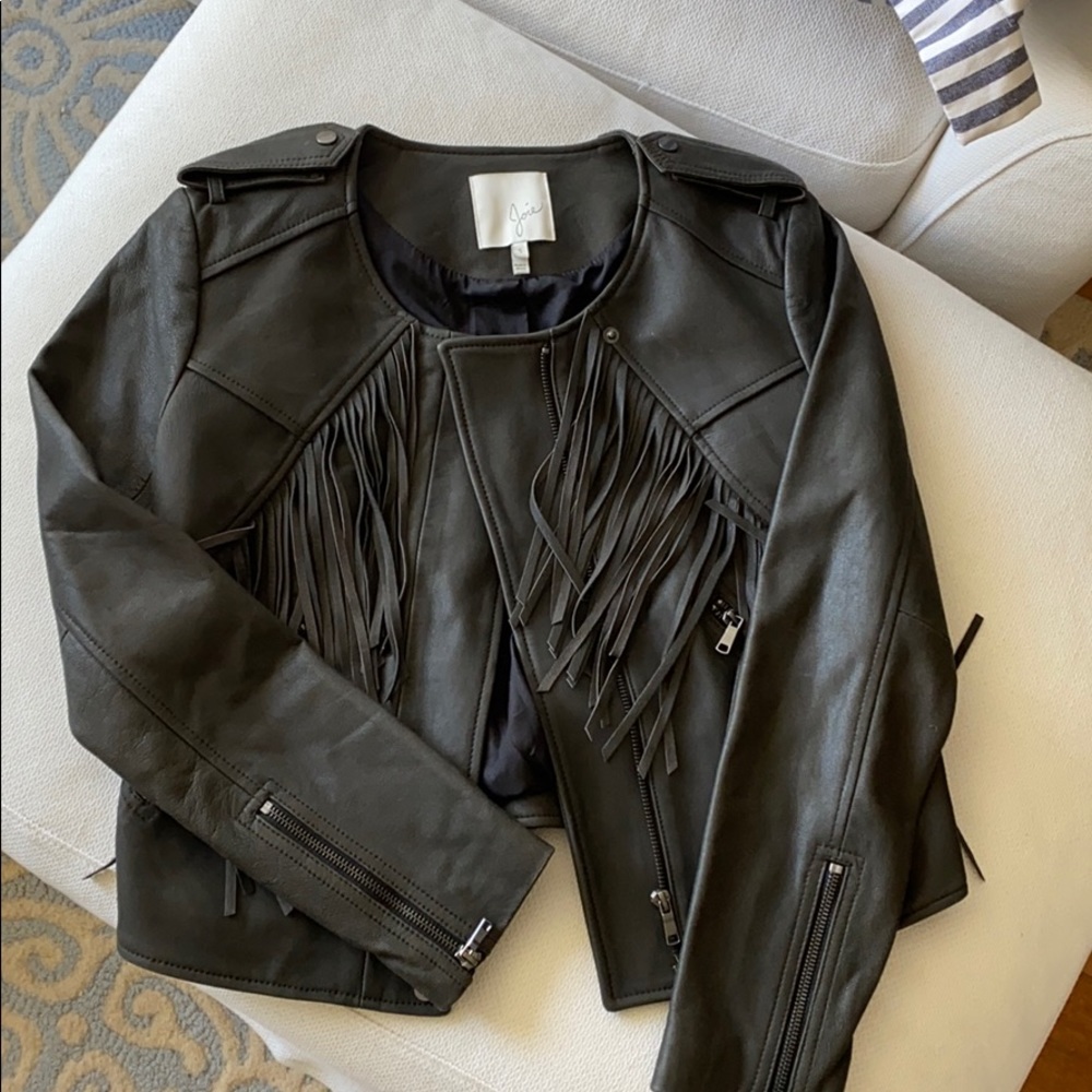 Joie fringe leather jacket dark Grey